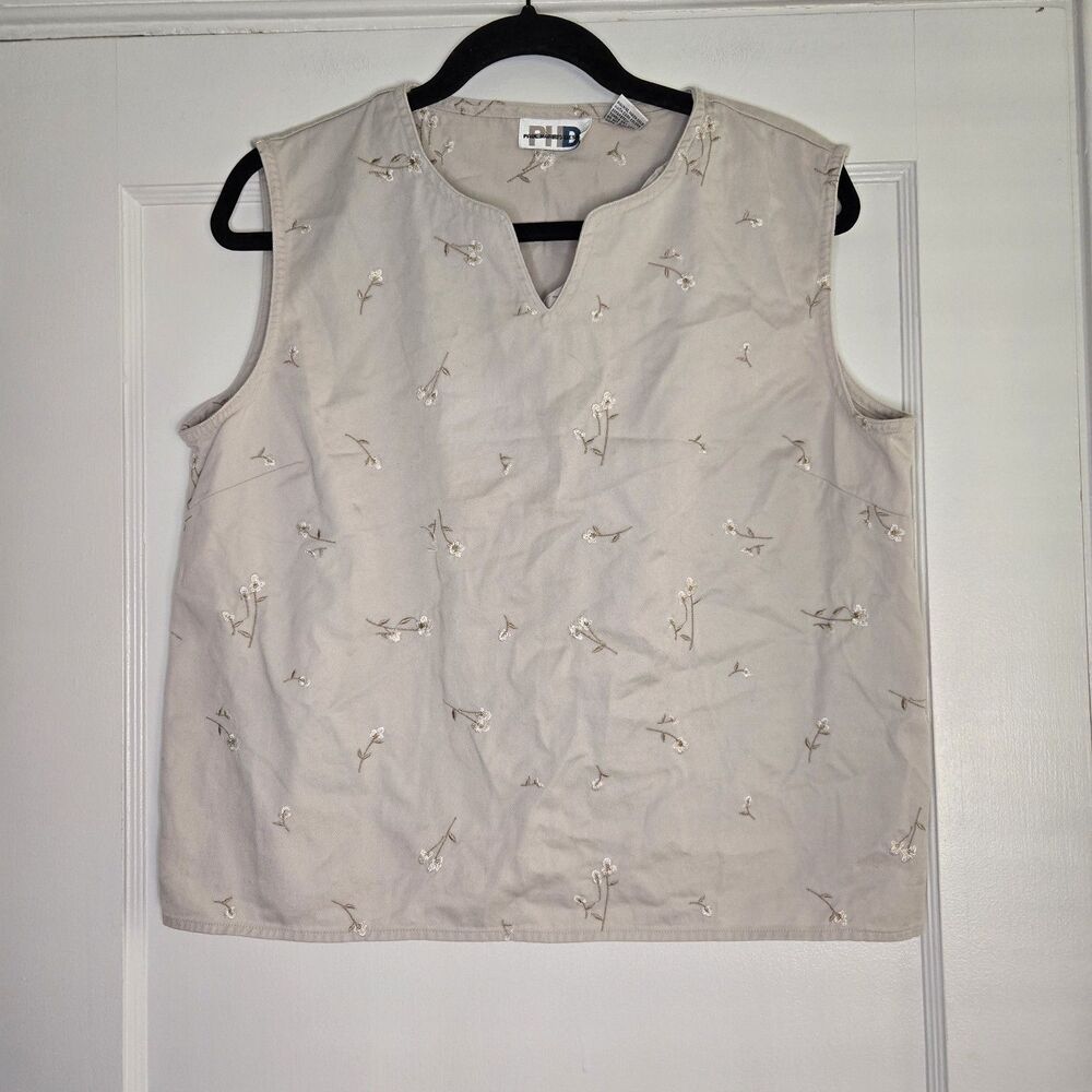Paul Harris Design Embroidered Floral Blouse Womens XL Beige Sleeveless Boho Top